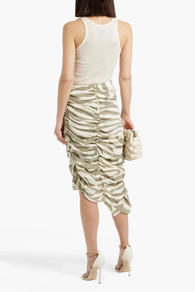 Balmain Zebra-Print Wrap-Effect Twill Midi Skirt in Stone, photo 3 of 4 from THE OUTNET