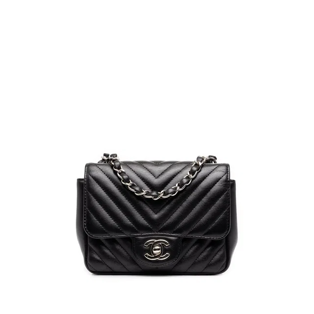 Black Chanel Mini Square Classic Chevron Lambskin Single Flap Crossbody Bag in Black Lambskin from Designer Revival