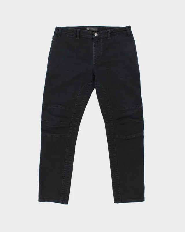 AW2016 Versace Black Low-Rise Slim Fit Motorcycle Denim Biker Jeans - W35 L30 in Black Denim from Rokit Vintage