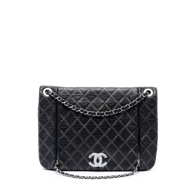 Black Chanel Quilted Metallic Distressed Lambskin CC Crystal Flap Shoulder Bag in Black Lambskin from Designer Revival
