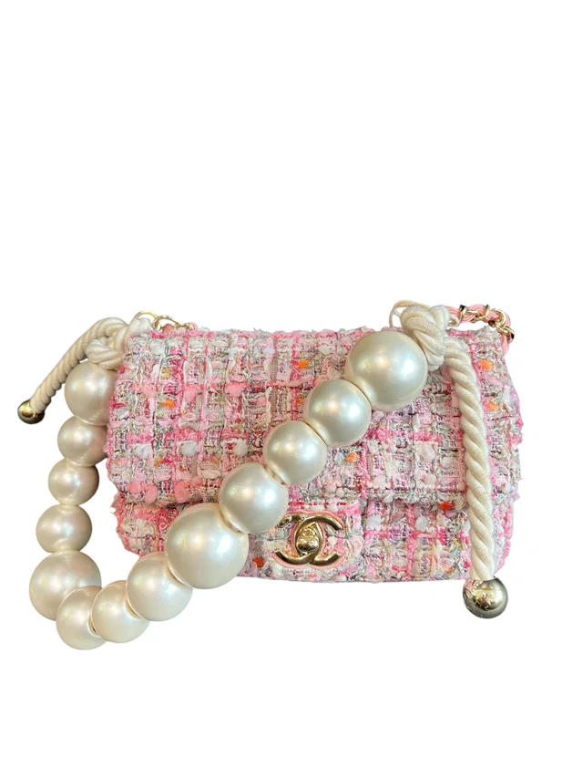 Chanel Chic Pearls Tweed Flap Pink LGHW in Pink Tweed from Luxury Promise