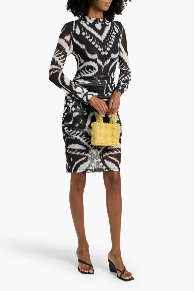 Farm Rio Ruched Printed Stretch-Tulle Midi Dress in Black, photo 2 of 4 from THE OUTNET