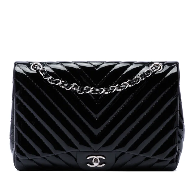 Black Chanel Jumbo Classic Chevron Patent Single Flap Shoulder Bag in Black Patent leather from Designer Revival