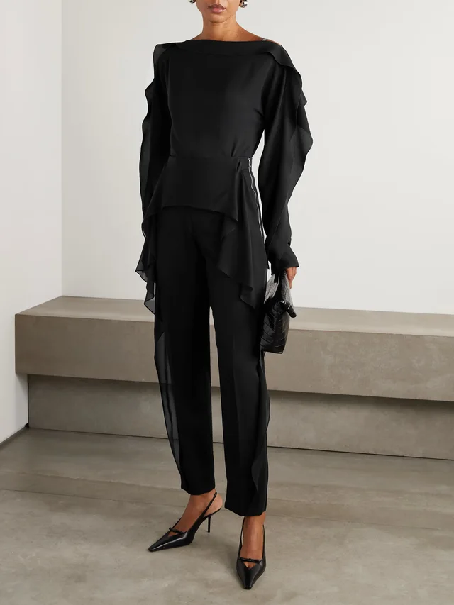 LANVIN Layered wool-twill and ruffled silk-chiffon slim-leg pants in Black, photo 2 of 2 from NET-A-PORTER (Canada)
