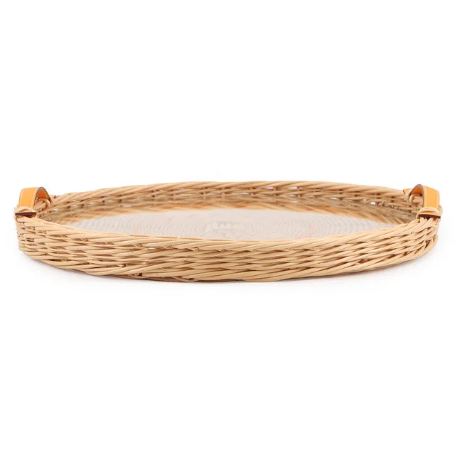 Hermès Round Tray Ozre Color Jaune Doll Willow wood Swift Leather Glass Size MM in Yellow Swift leather from GALLERY RARE