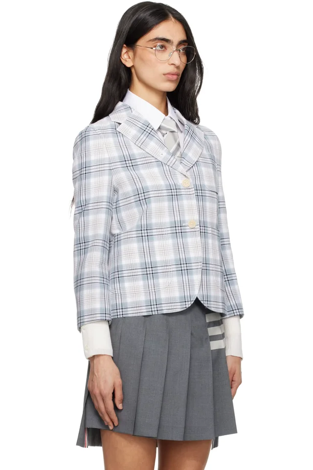 Thom Browne White & Blue Cropped Sack Plaid Cotton Blazer, photo 2 of 2 from SSENSE