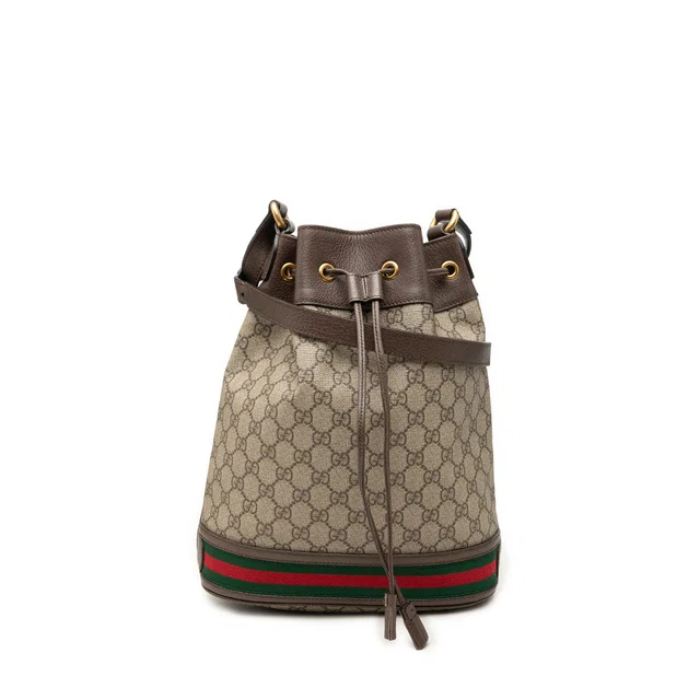 Beige Gucci GG Supreme Web Ophidia Bucket Bag in Beige Coated canvas from Designer Revival