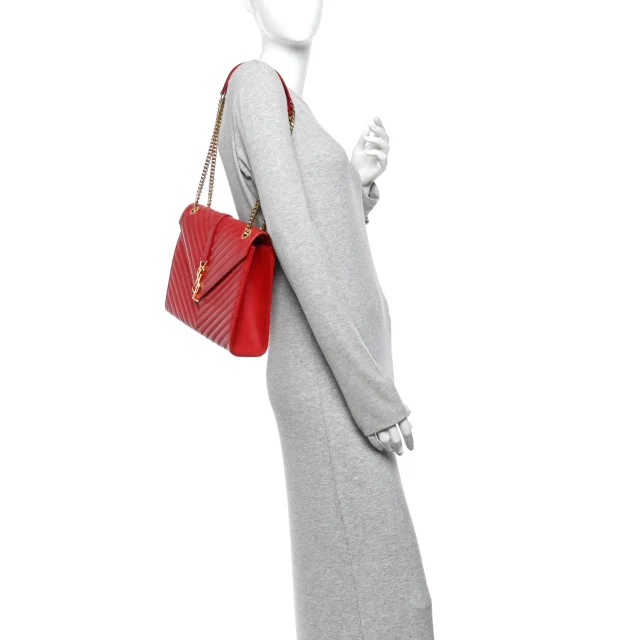 Saint Laurent Smooth Calfskin Matelasse Chevron Large Monogram Satchel Lipstick Red in Red Calfskin from FASHIONPHILE, photo 2 of 11