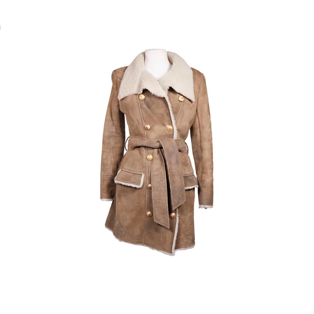 Balmain Double Breasted Coat in Beige Shearling / Leather from Designer Archives