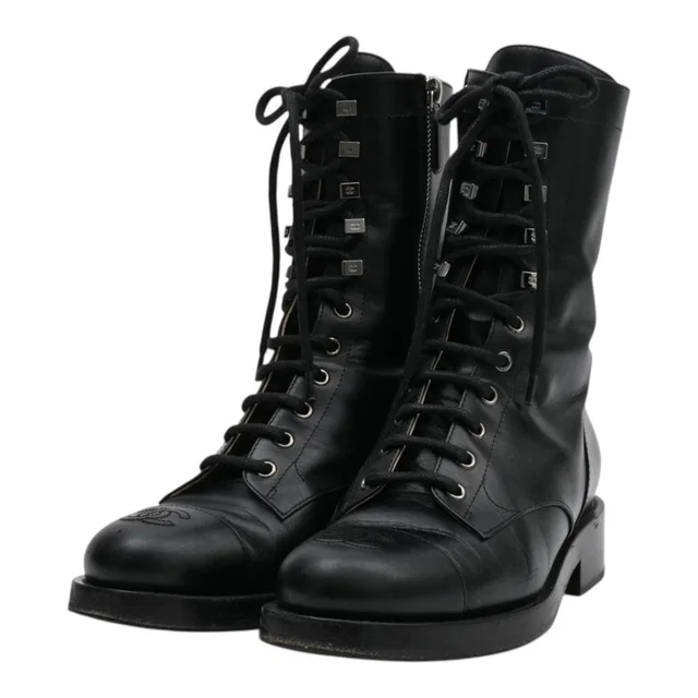 Chanel CC Stitch Lace-up Boots #38 Black in Black Leather from VINTAGE QOO TOKYO