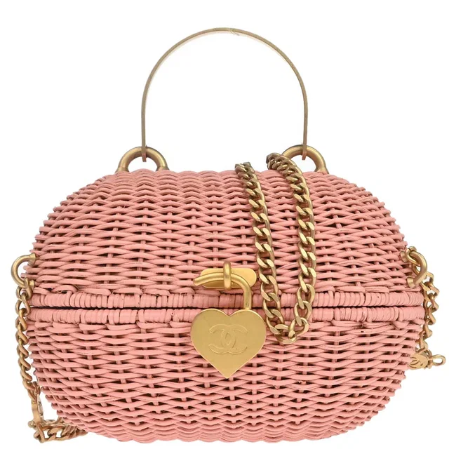 Chanel 2005-2006 Pink Rattan Heart Lock Basket Bag 2way Shoulder Handbag in Pink Raffia from AMORE Vintage Tokyo