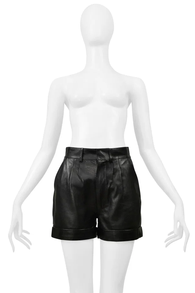 Saint Laurent By Hedi Slimane Black Leather Shorts 2014 in Black Leather from Resurrection Vintage