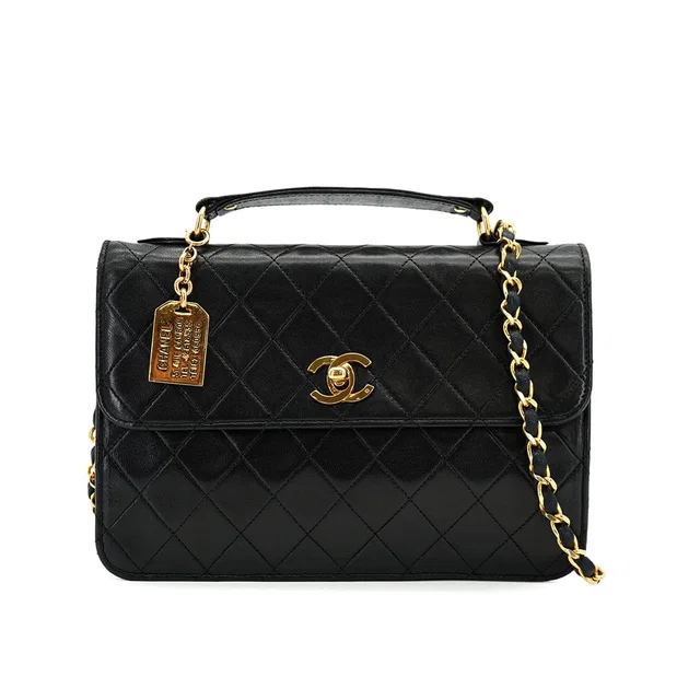 Chanel Vintage Matelasse Chain Hand Shoulder Bag Black Lamb Skin Gold Hardware in Black Leather from Luxury Promise