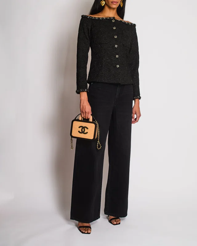 Chanel 21/A Black Off-Shoulder Floral Top with Chain Trim Detail Size FR 36 (UK 8) in Black from Sellier