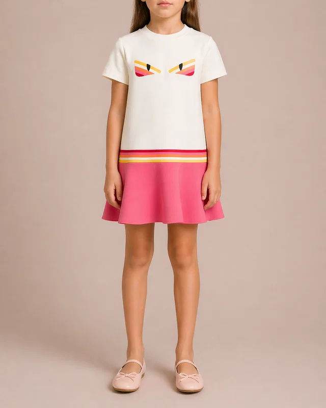 Fendi Kids White and Pink Mini Dress with Embroideries and FF Logo Lining Size 8 years in White from Sellier