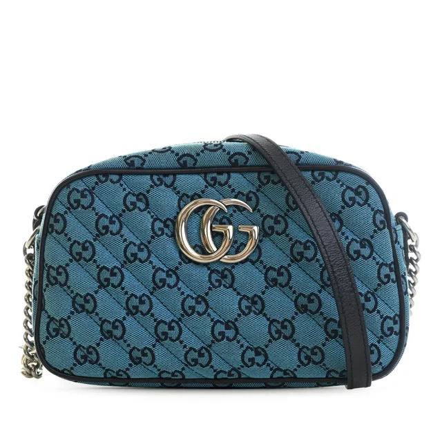 Blue Gucci Small GG Marmont Matelasse GG Canvas Crossbody in Blue Canvas from Designer Revival