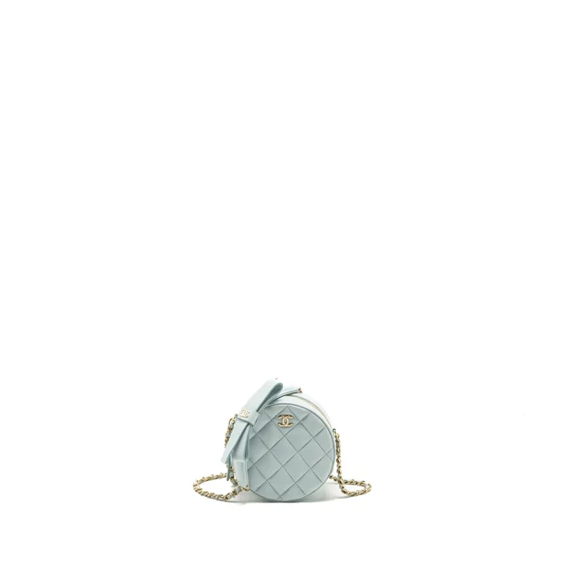 Chanel Mini Round Vanity With ribbon on chain Lambskin Light Blue LGHW in Blue Lambskin from EMIER