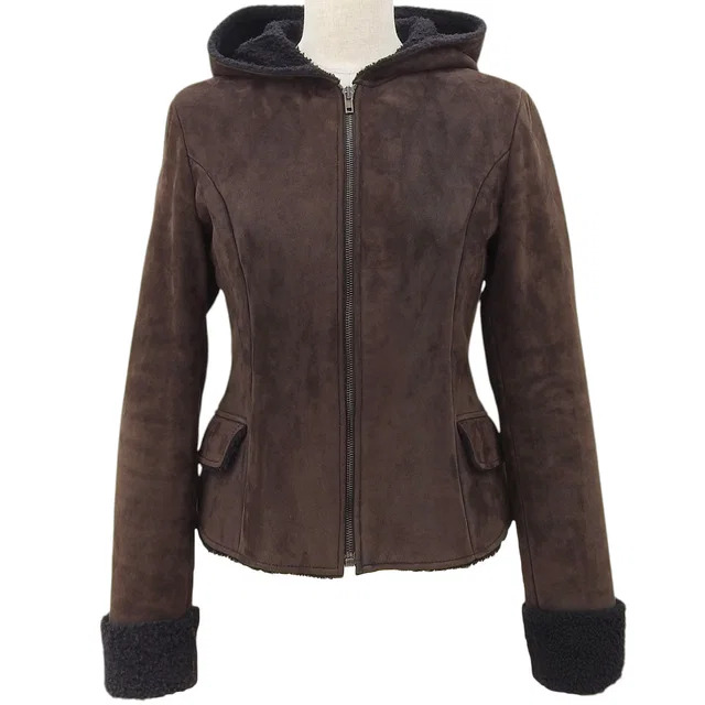 Miu Miu Sheep Leather Mouton Zip Up Hooded Jacket #40 Brown/Black in Black Leather from VINTAGE QOO TOKYO