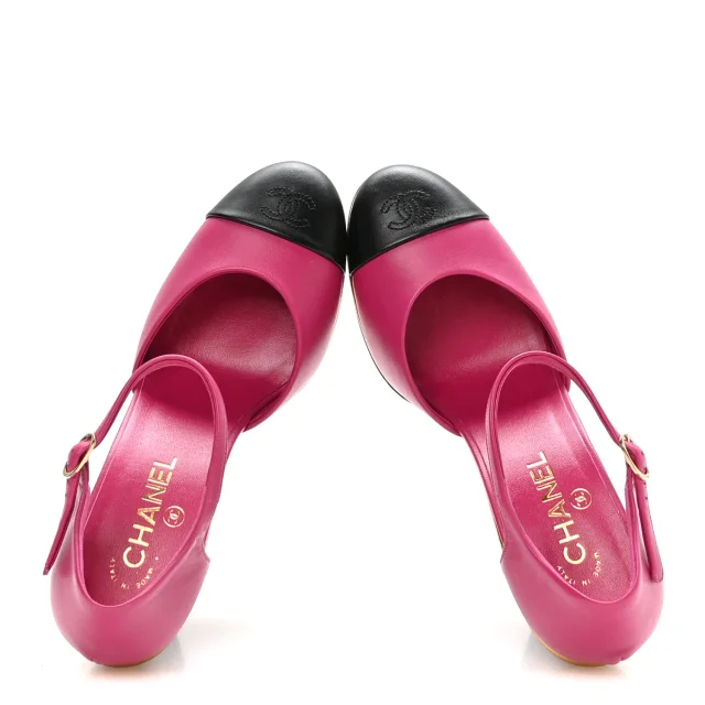Chanel Cap Toe Open Wedge Pumps 40 Fuchsia Black in Black Lambskin from FASHIONPHILE, photo 2 of 9