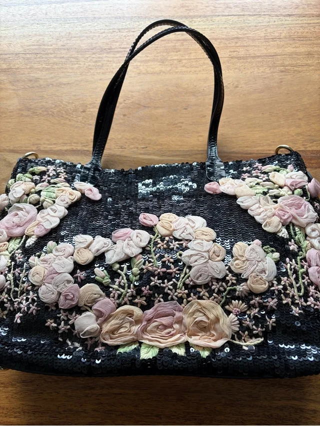 Valentino Garavani Black Sequin Tote With Pink & Cream Floral Appliqu in black|pink Patent leather from Poshmark
