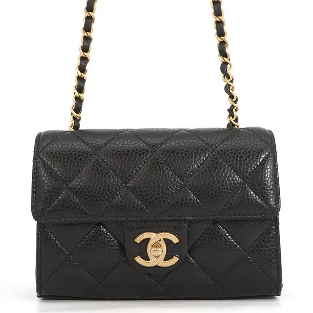 Chanel Chain Shoulder Bag Quilted CC Logo Caviar Leather Black in Black Caviar leather from The Reluxe