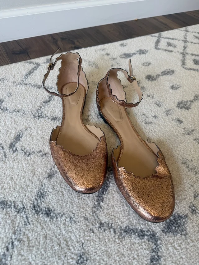Chloé Chlo Lauren Scalloped Ankle Strap Flats Metallic Rose Gold Leather Eu 40.5 in gold Leather from Poshmark