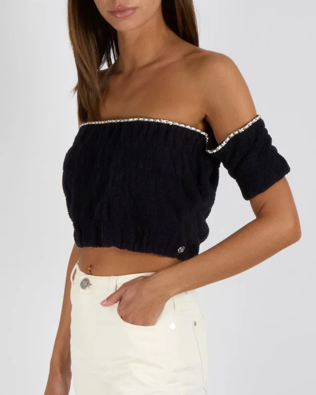 Chanel Cruise 2021 Navy Knit Short-Sleeved Crop Top with Silver and White Leather Chain Trims and… in White Leather from Sellier