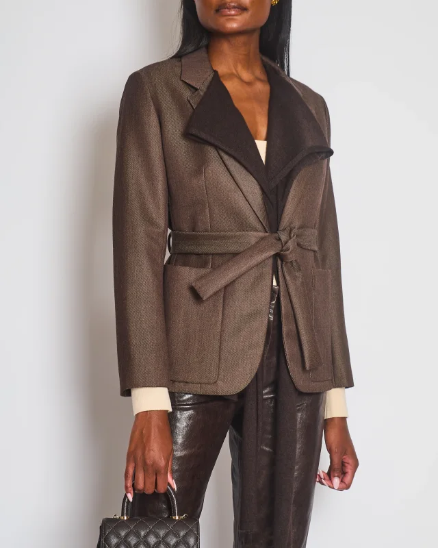 HOT* Hermès Chocolate Brown Wool Blazer with Cashmere Insert Scarf & Belt Detail Size FR 36… in Brown Cashmere from Sellier, photo 4 of 7