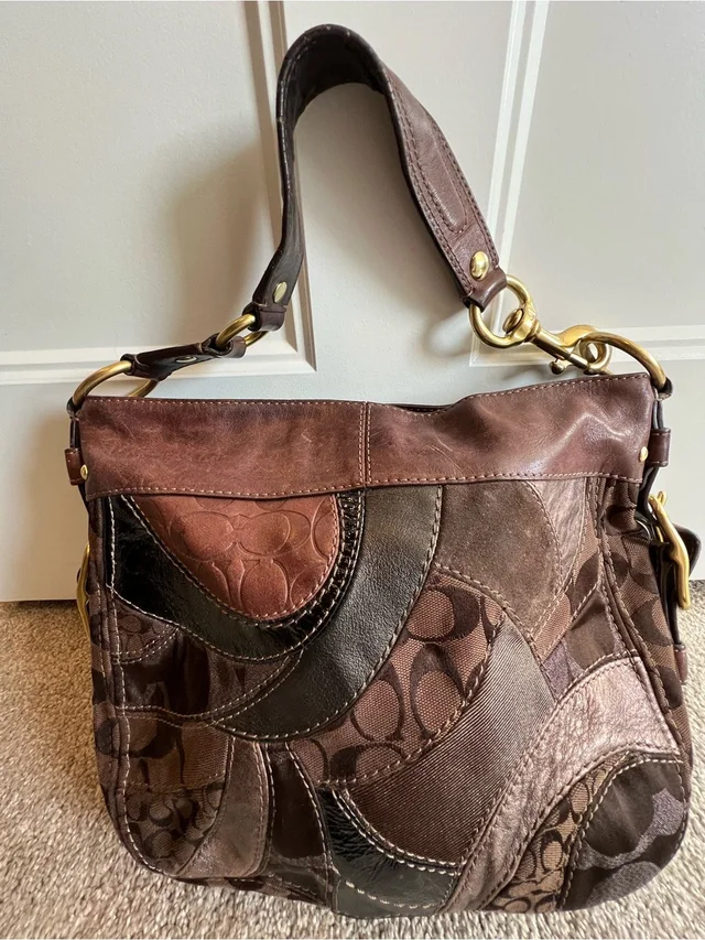 Coach Patchwork Leather & Signature Shoulder Bag In Brown in brown|red Leather from Poshmark