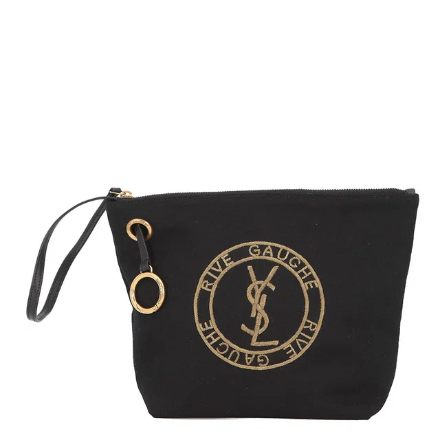 Saint Laurent Rive Gauche EmbroideryPouch Black/Gold710435BWTPW1055 Wool Leather in Black Wool from GALLERY RARE
