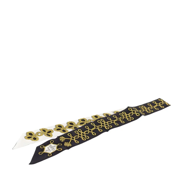 Black Hermès Galons et Brandebourg Silk Twilly Scarf Scarves in Black Silk from Designer Revival
