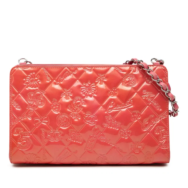 Pink Chanel Quilted Patent Embossed Lucky Symbols Pochette Shoulder Bag in Pink Patent leather from Designer Revival