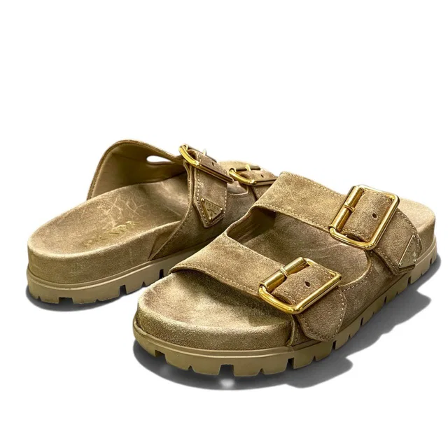 Prada I2 Slide Sandals Beige Gold Suede Leather in Beige Suede from The Reluxe