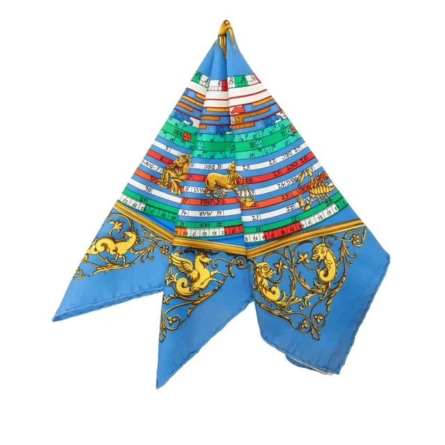 Blue Hermès Astrologie Dies et Hore Silk Handkerchief in Blue Silk from Designer Revival