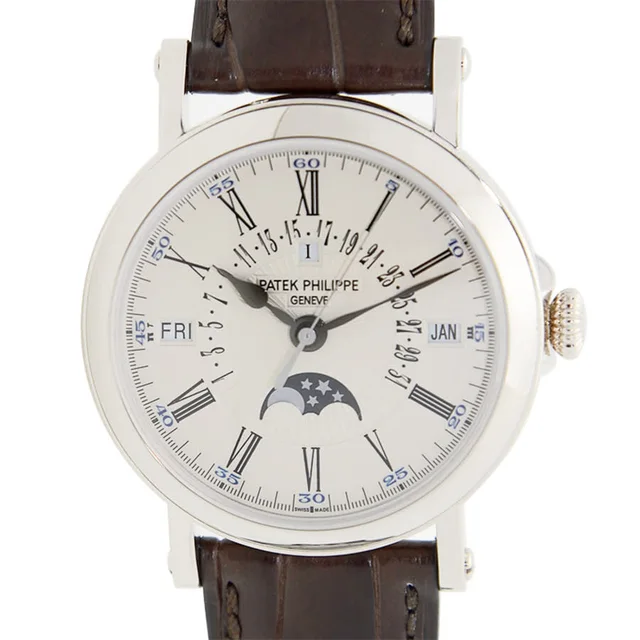 Patek Philippe Perpetual Calendar Silvery Opaline Dial Mens Watch 5159G in yellow|brown|white|silver|gray|gold|red|black Leather from Jomashop.com