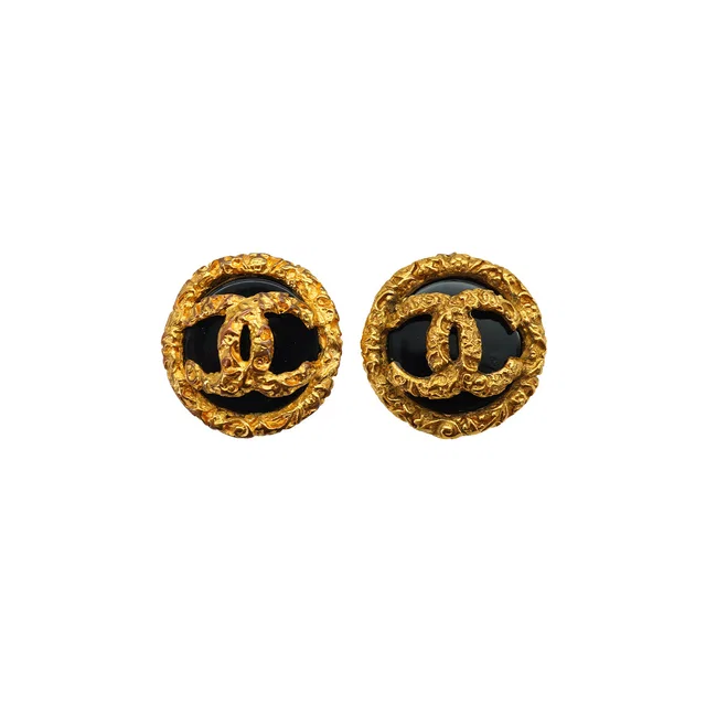 Chanel Vintage Earrings Cocomark Black Gold Accessory 93A in Black from Luxury Promise