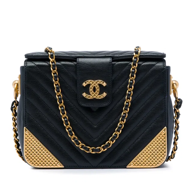 Black Chanel CC Chevron Calfskin Rock The Corners Minaudiere Bag in Black Calfskin from Designer Revival