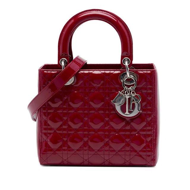 Red Dior Medium Patent Cannage Lady Dior Satchel in Red Patent leather from Designer Revival