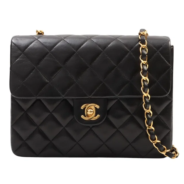 Chanel Circa 1992 Square Classic Flap Chain Bag Black in Black Leather from VINTAGE QOO TOKYO