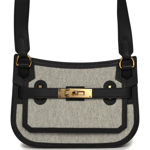 Hermès Jypsiere Mini Black, Ecru Toile H Black Swift Gold Hardware in Black Swift leather from Madison Avenue Couture