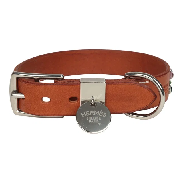 Custom Multicolored Swarovski Crystal Hermes Etriviere III Dog Collar Small Dark Irish Vache… in Silver Leather from Madison Avenue Couture