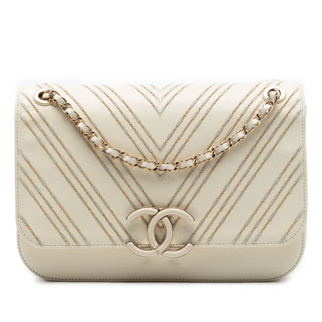 White Chanel Large Chevron Sheepskin Subtle Flap Crossbody Bag in White Woven leather from Designer Revival