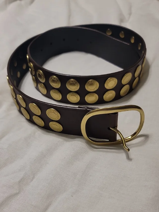 Coach Brown Leather Studded Belt With Gold Discs in gold|brown|red Leather from Poshmark