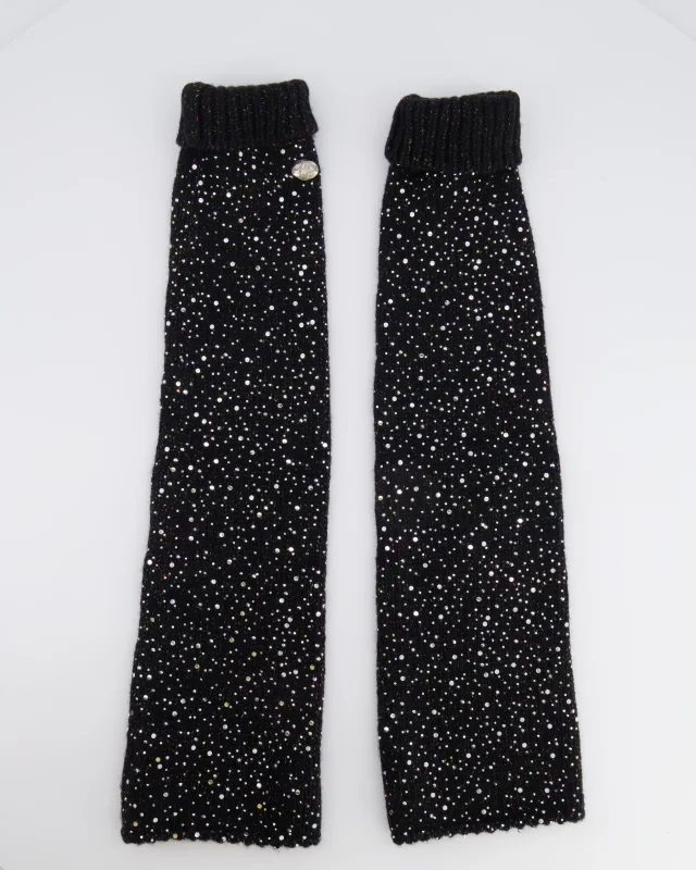 Chanel Black and Multi-Colour Wool Knitted Long Mitten Gloves with Silver Sequin Embellishments Size M in Black Wool from Sellier, photo 5 of 5