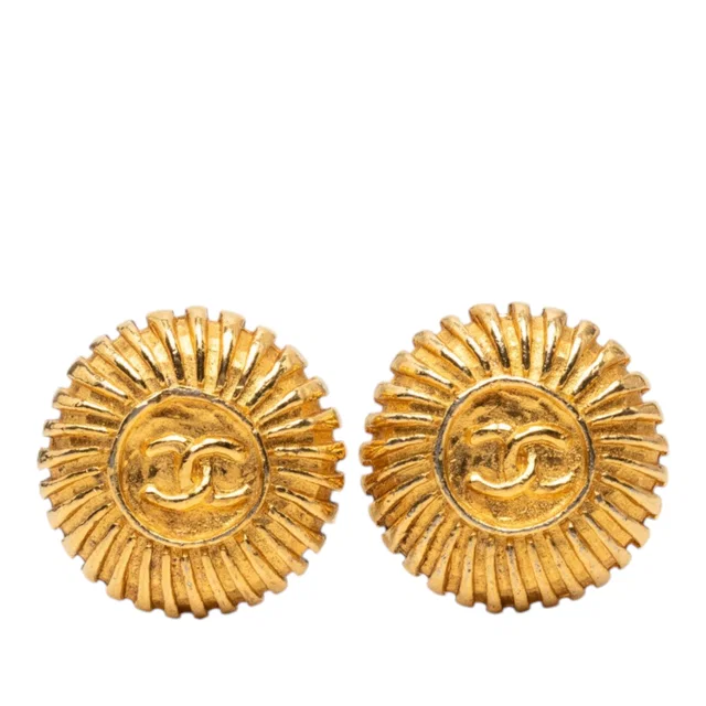 Gold Chanel CC Gold Plated Sunburst Round Clip On Earrings in Gold from Designer Revival