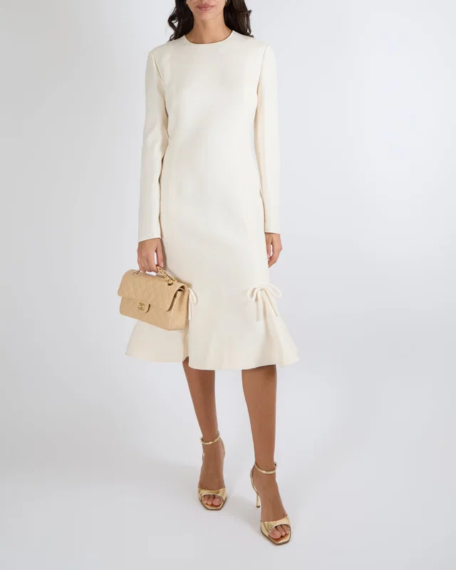 Valentino Garavani Cream Midi Long-Sleeve Dress with Bow Details Size IT 44 (UK 12) in White from Sellier