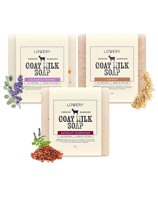 Lovery 3-Pack Handmade Goat Milk Soap Bars: Oatmeal, Eucalyptus Lavender, & Patchouli Sandalwood, image 1 of 1 from Rue La La