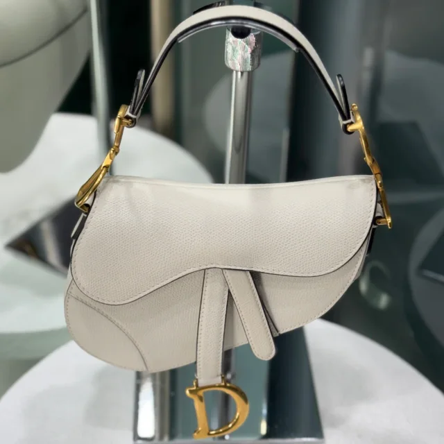 Dior Mini Saddle Bag White Grained Calfskin in White Caviar leather from Revivre