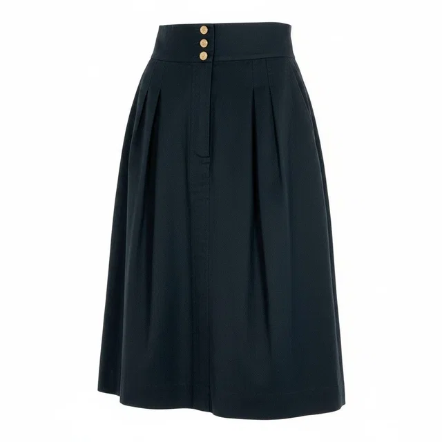 Chanel Knee Length Skirt Lightweight CC Logo Button Gold Black in Black from The Reluxe