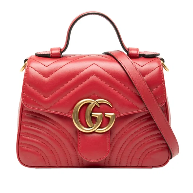 Red Gucci Mini GG Marmont Matelasse Leather Top Handle Bag Satchel in Red Leather from Designer Revival